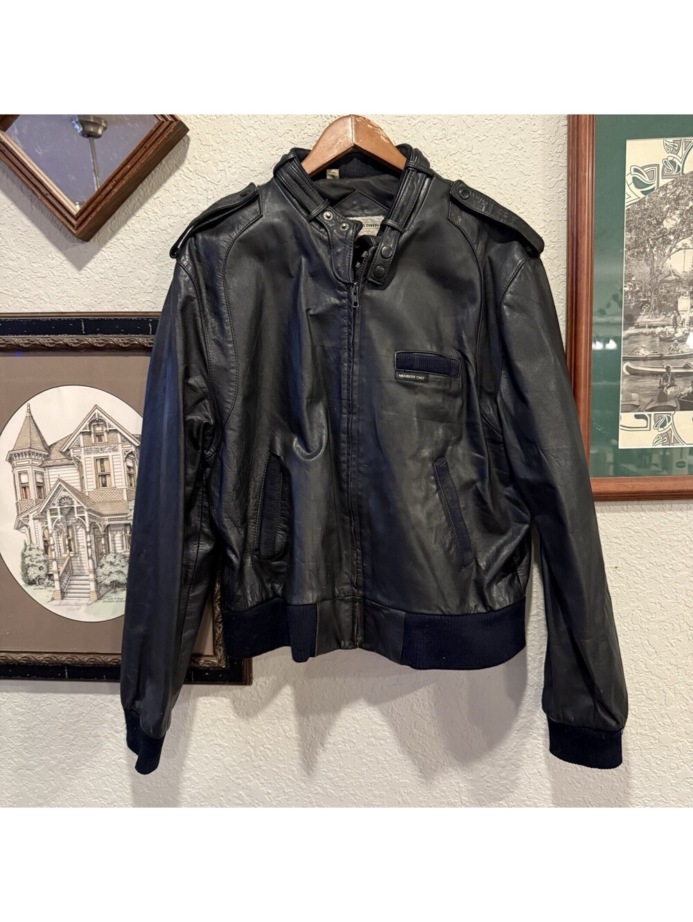 Vintage 80s RARE Members Only Full Zip Heavy Bomber Leather Jacket Size 46 XL